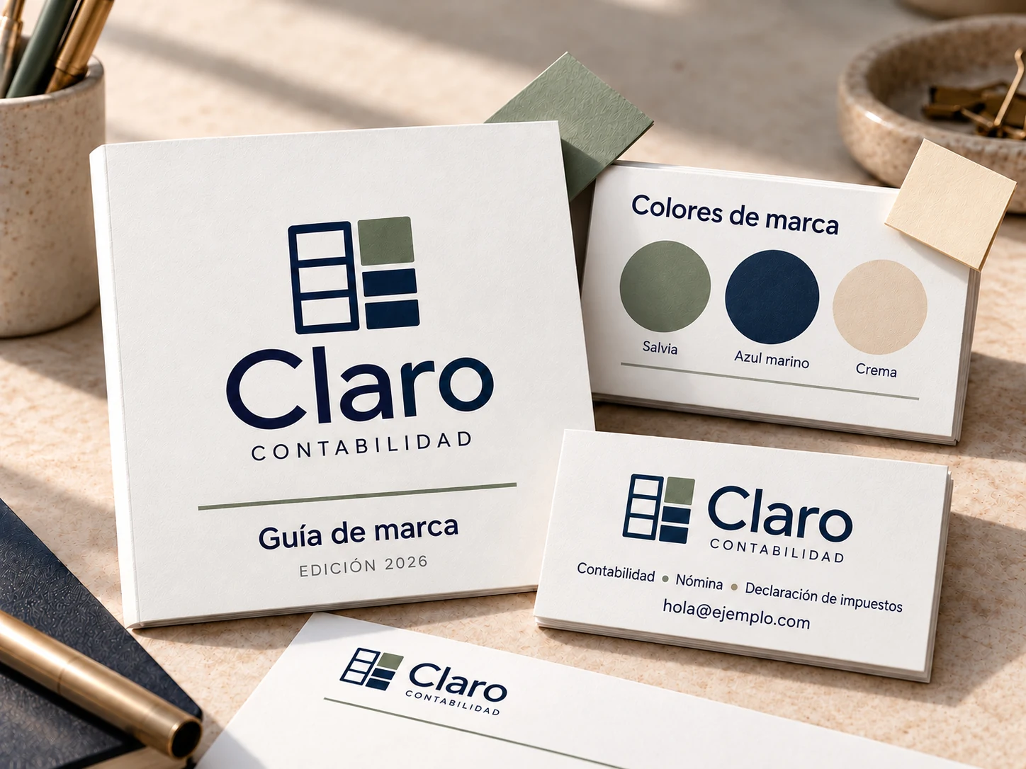 Guía de marca para contabilidad, colores, tarjetas de presentación y papelería