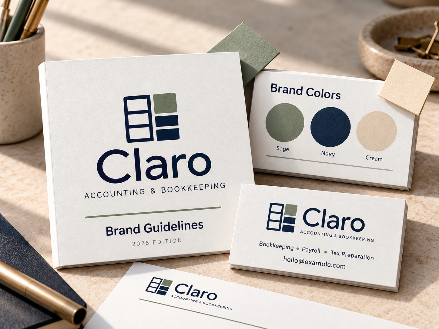 Bookkeeping brand guide, colors, business cards, and stationery