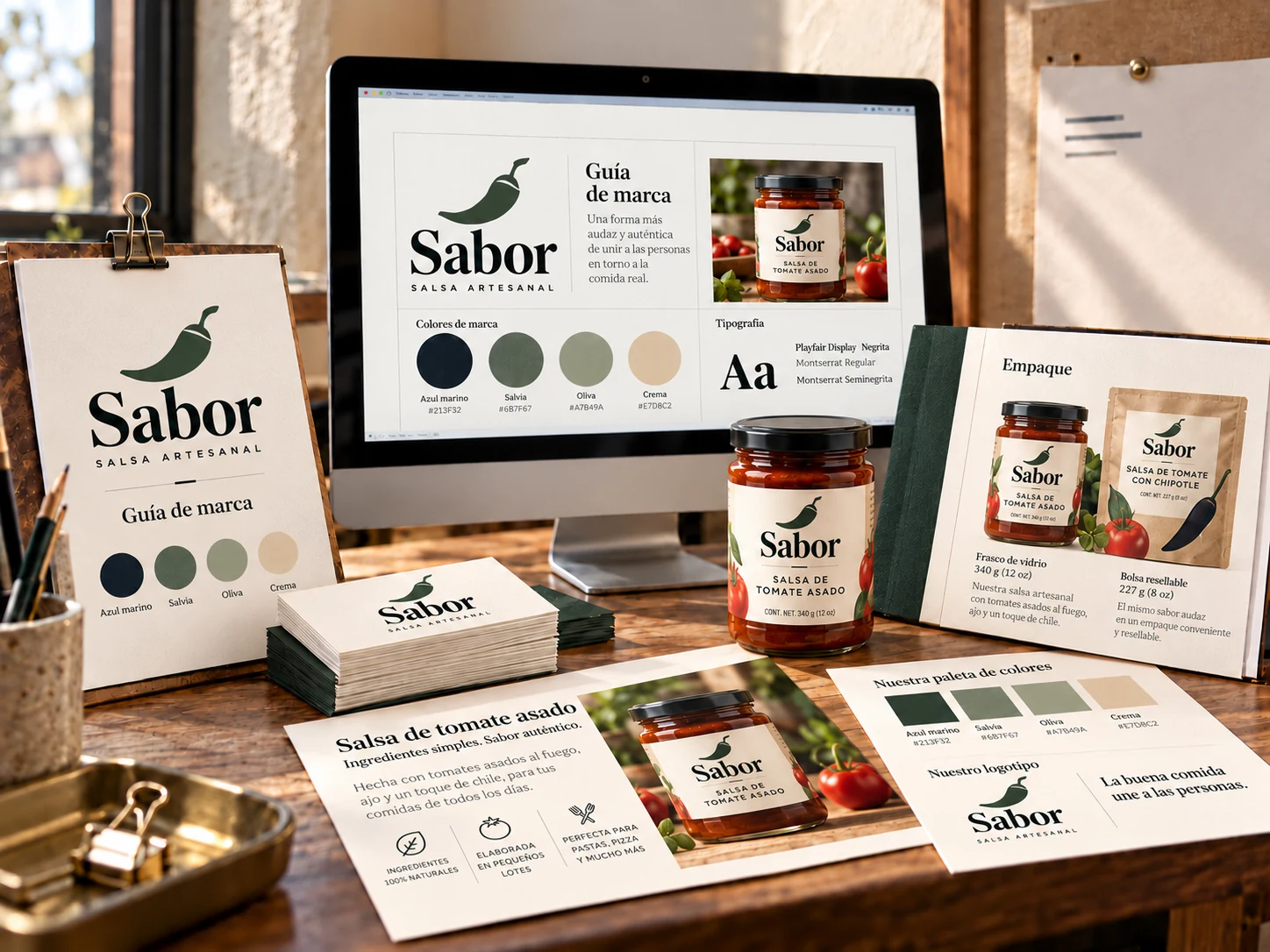Frasco de salsa terminado, guía de empaque, tarjetas impresas y materiales de identidad de marca