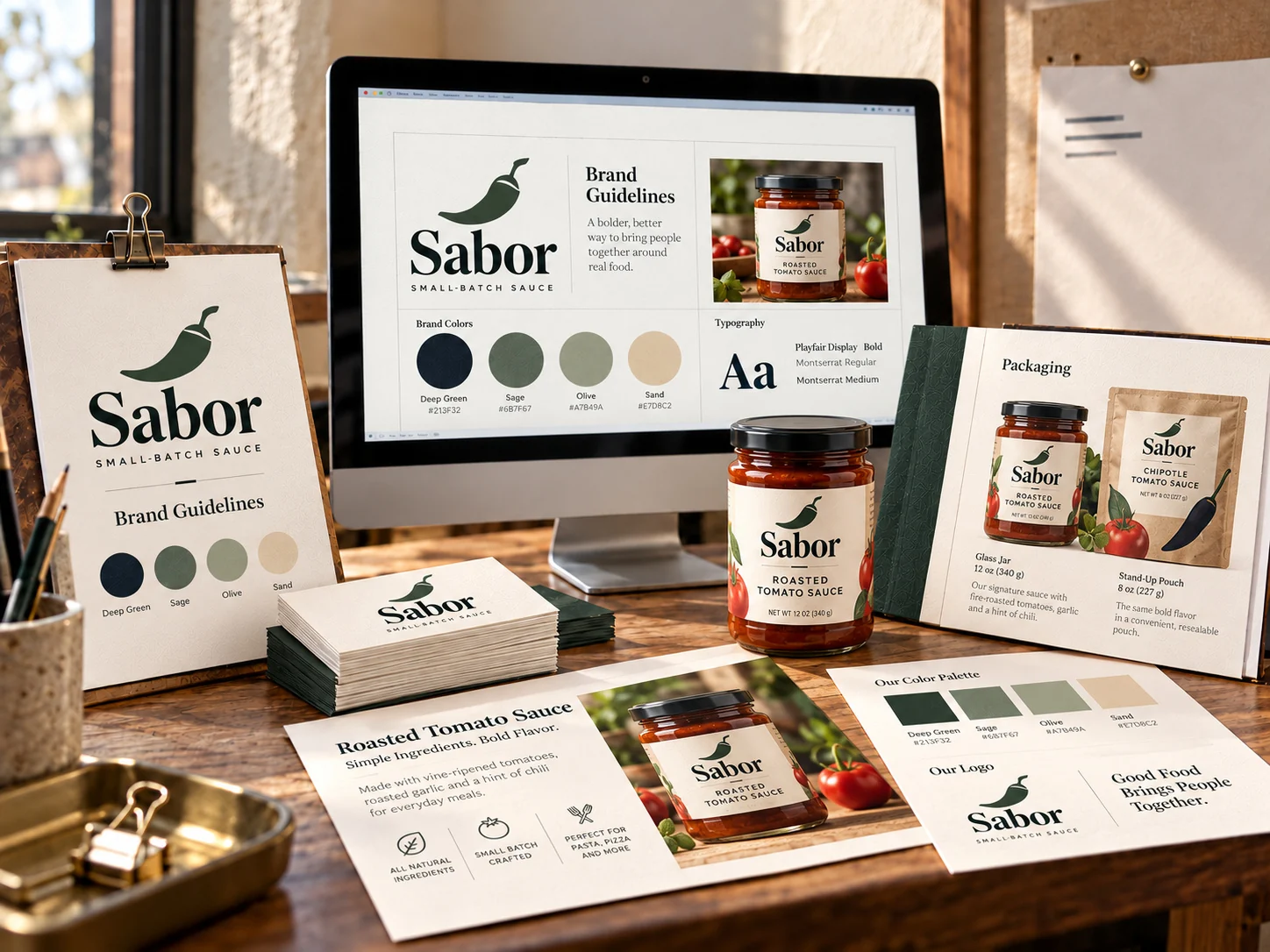 Finished sauce jar, packaging guide, printed cards, and English brand identity materials
