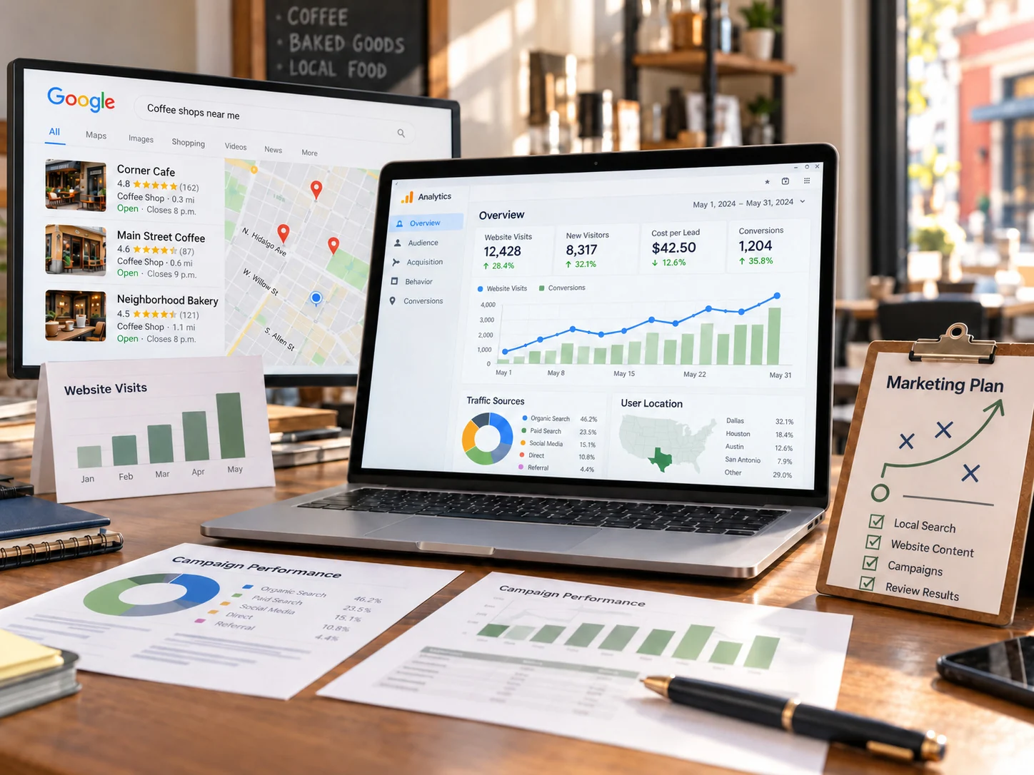 Marketing reports and website analytics beside local search results