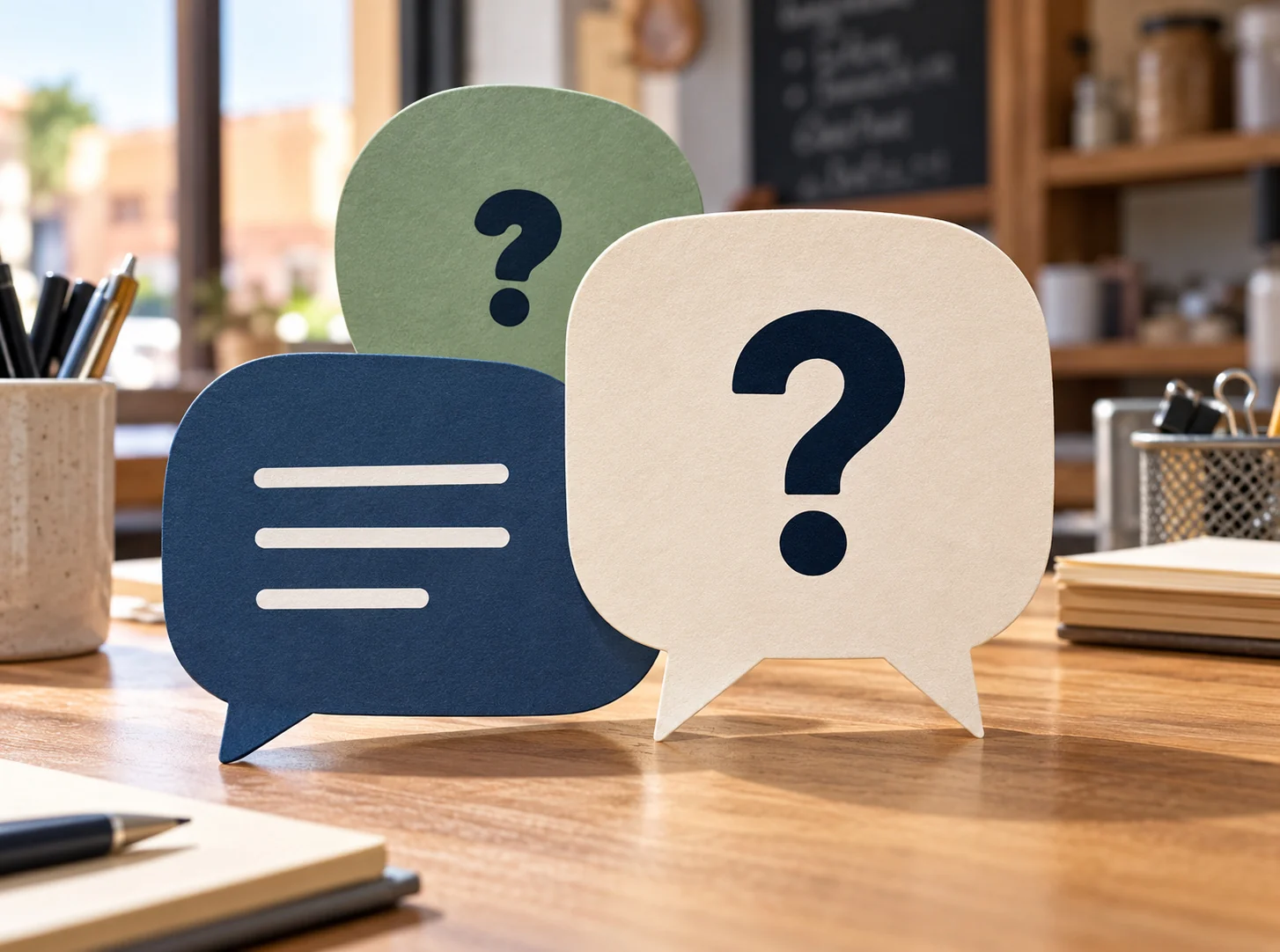 Question-mark signs and a speech-bubble model on a desk