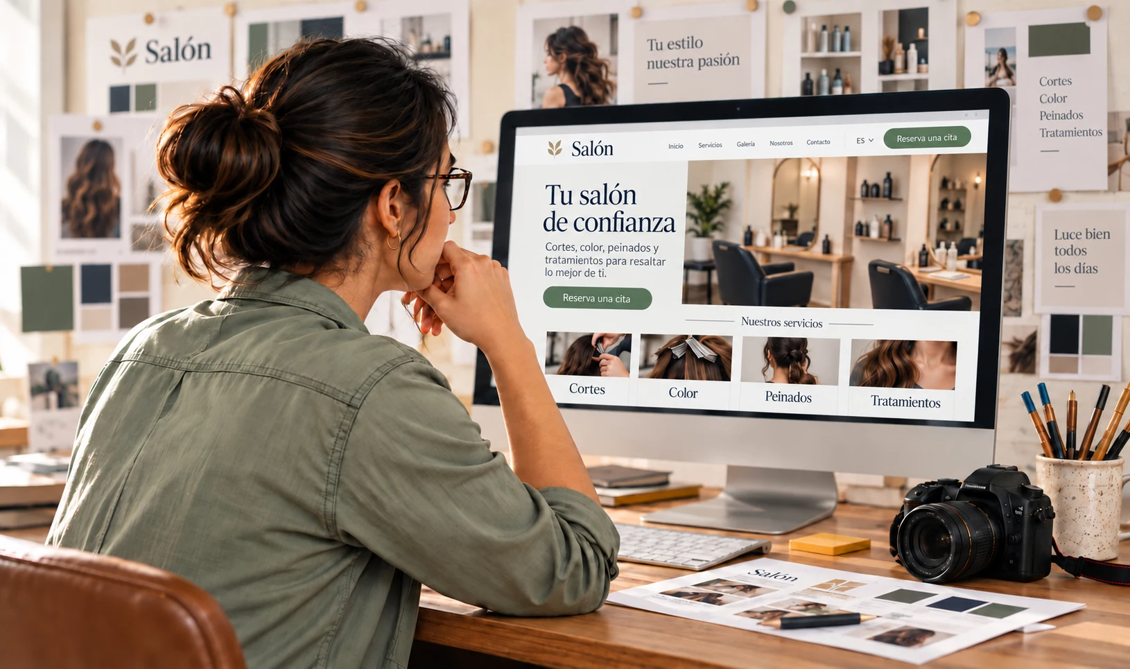 Diseñadora revisando el sitio web de un salón de barrio con fotografías y materiales de diseño a su alrededor