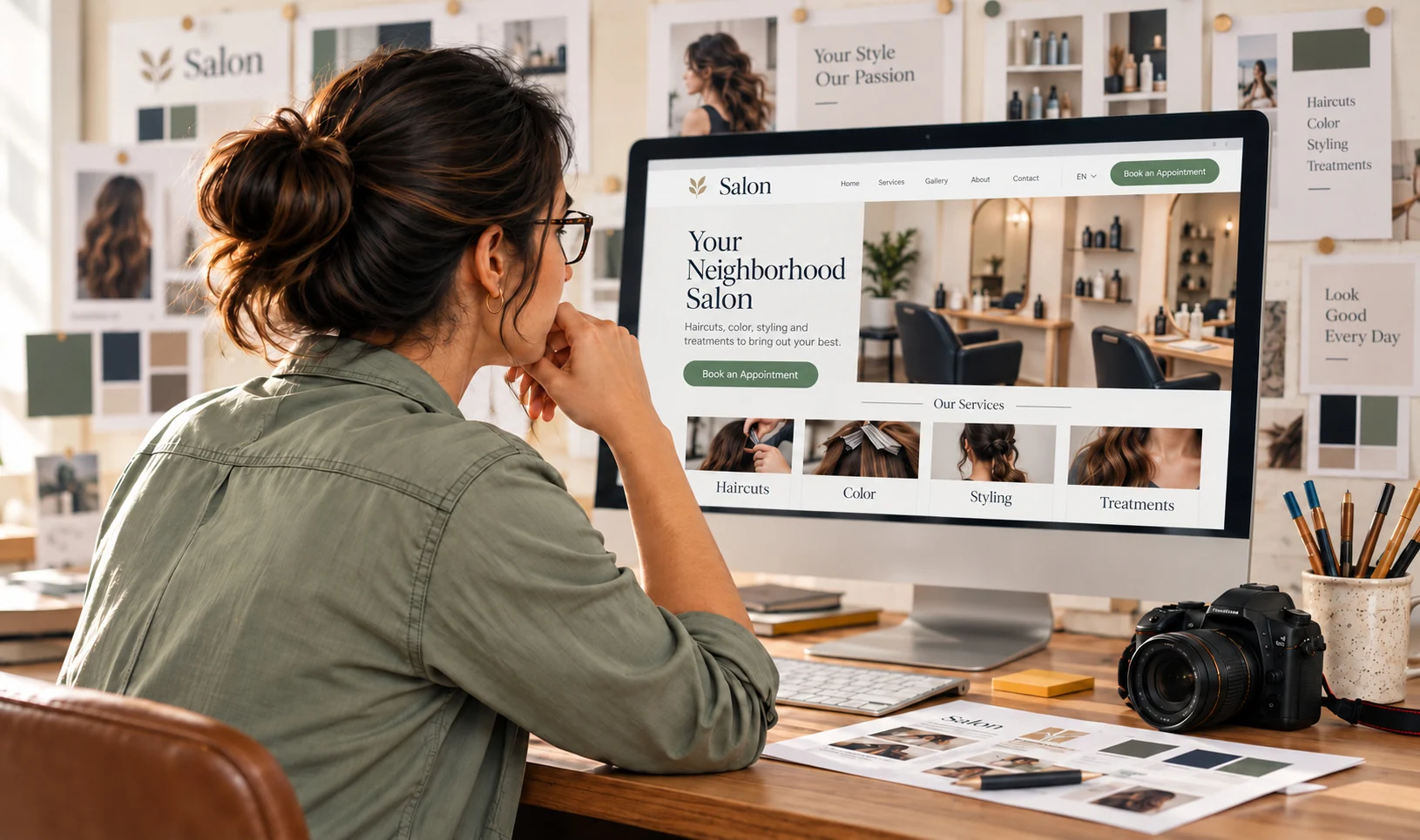 Designer reviewing a neighborhood salon website with photography and design materials nearby