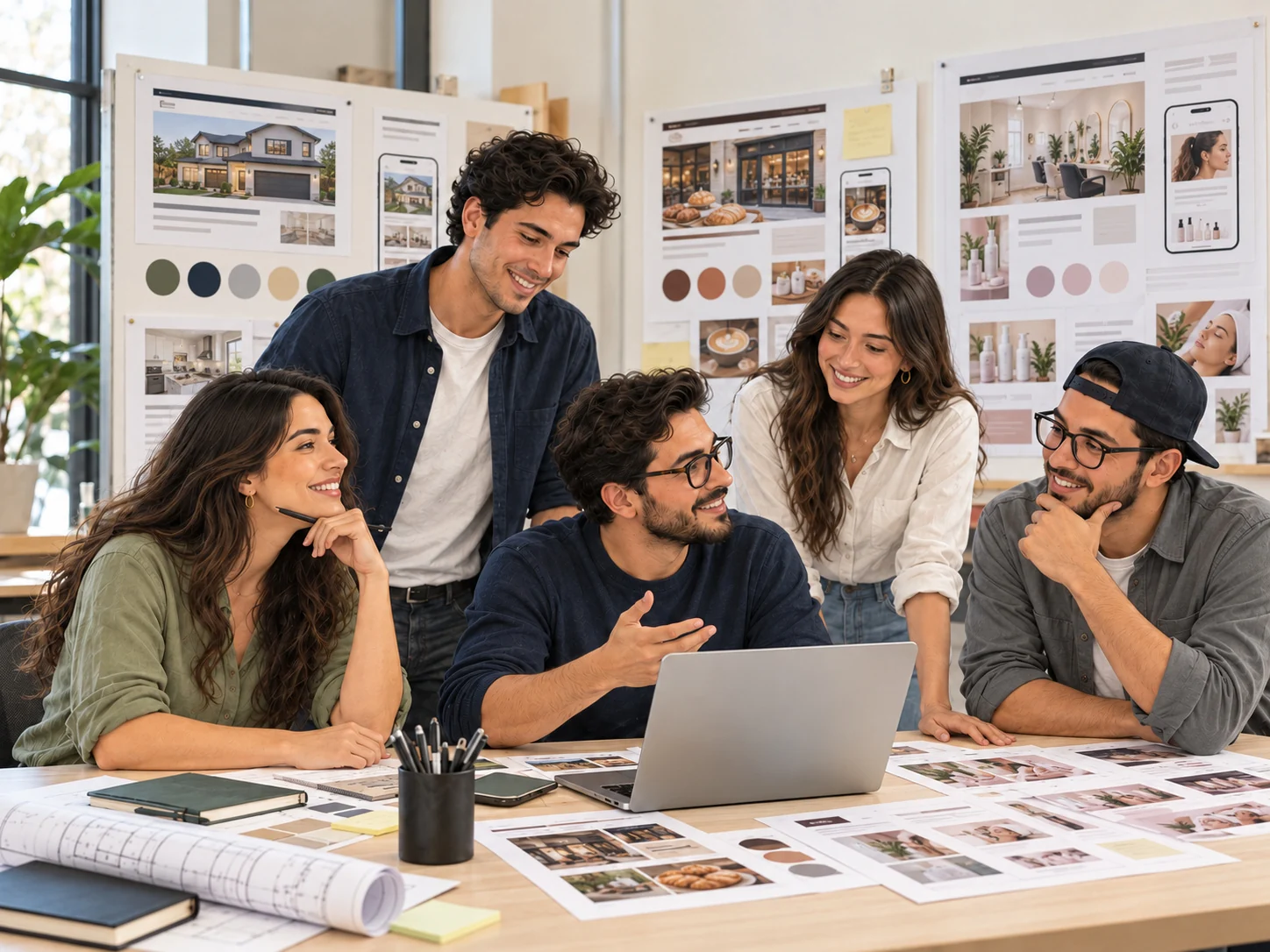Latino business owners reviewing contractor, bakery, and beauty business website designs