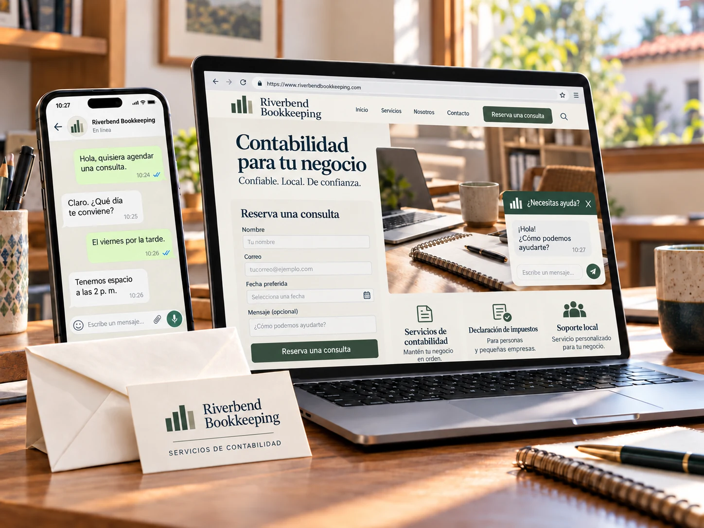 Página web, mensajes con clientes y apoyo automatizado para un pequeño negocio