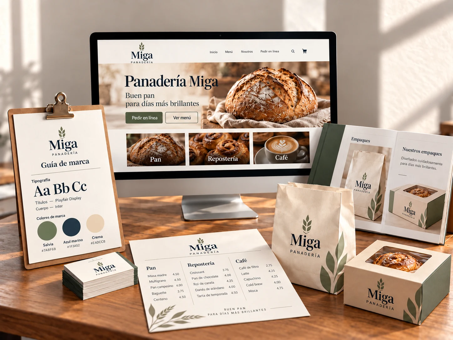 Empaques terminados de una panadería, menú, tarjetas de presentación y guía de marca