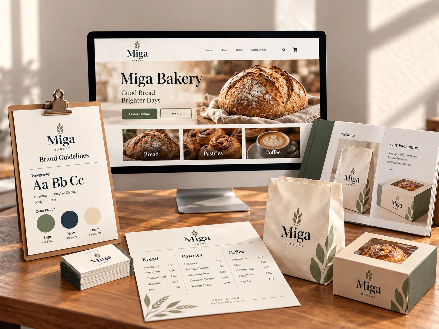 Finished bakery packaging, menu, business cards, and English brand guidelines