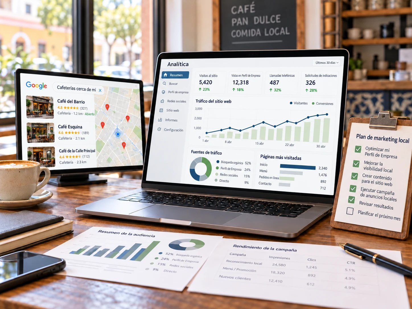 Resultados de búsqueda local, analítica web y una lista de marketing