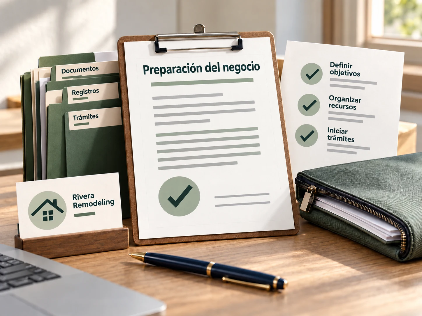 Documentos y carpetas organizados para iniciar una empresa de remodelación