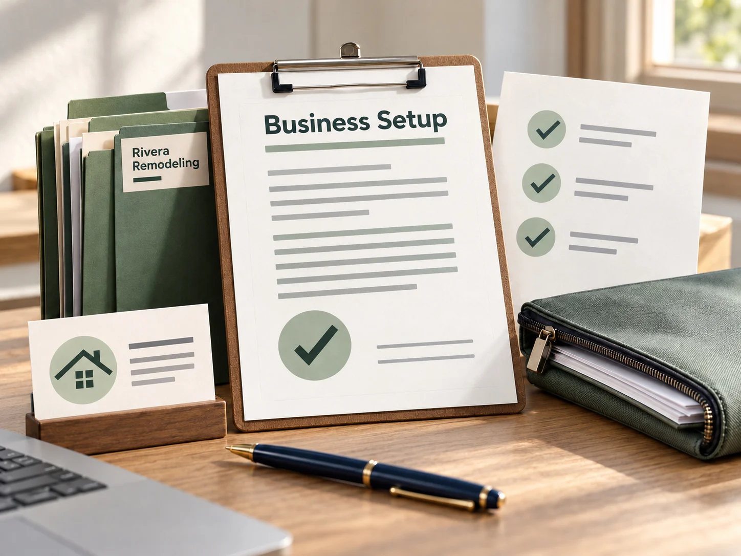 Organized business setup paperwork and folders for a remodeling company