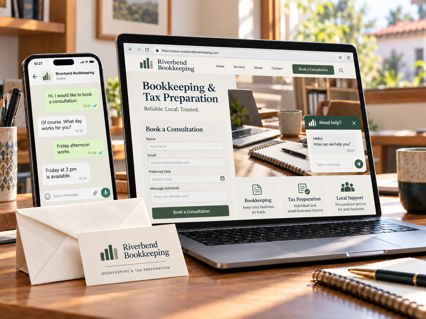 Bookkeeping consultation booking form, website chat, and appointment messages