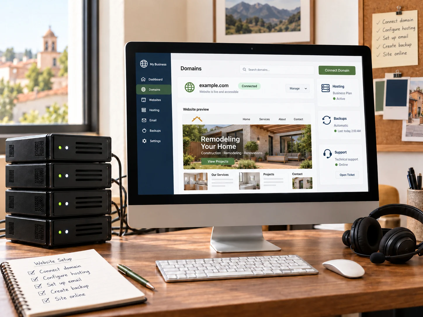 Domain and hosting dashboard with a contractor website preview