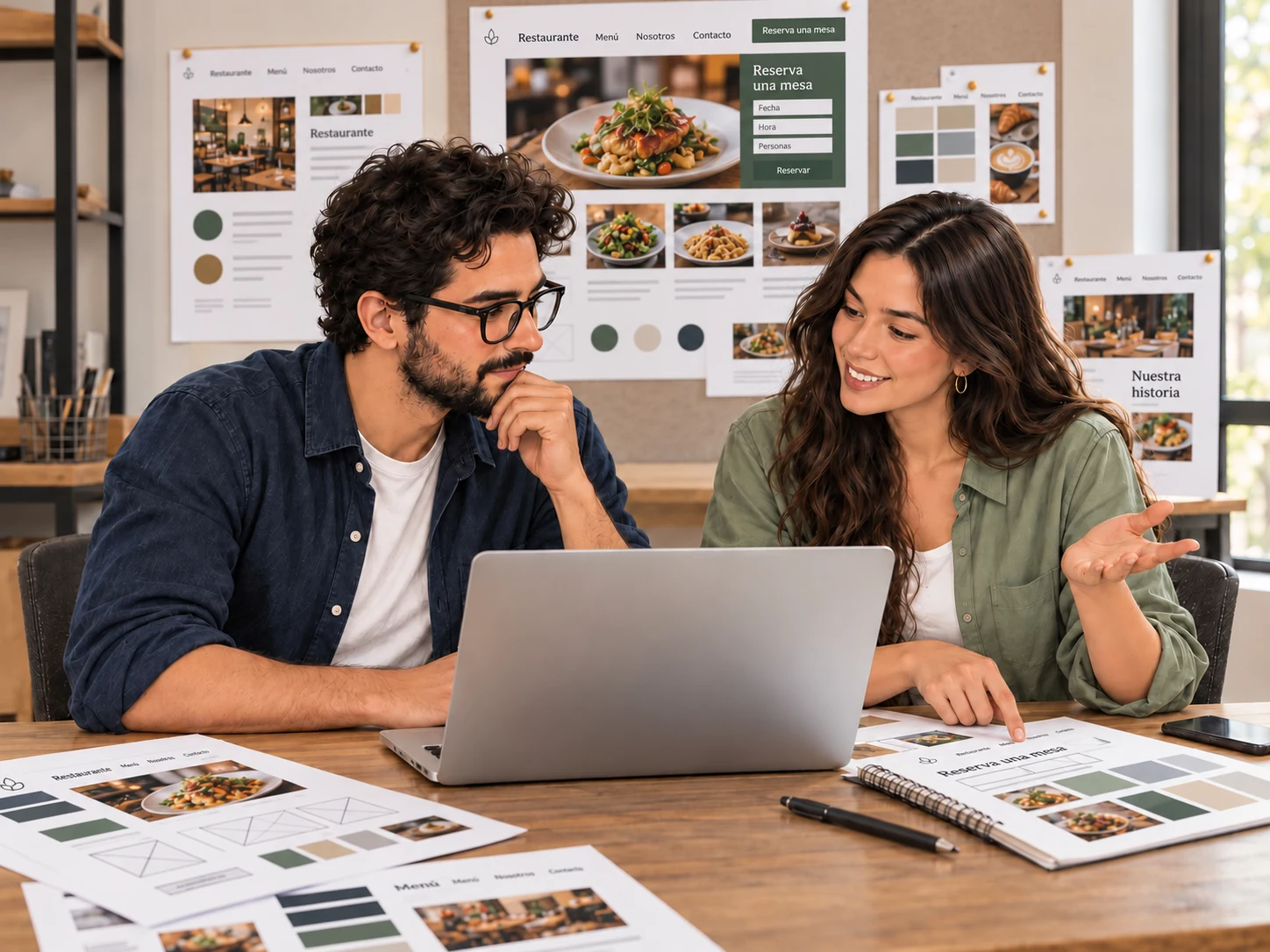 Dos personas conversando sobre diseños de un sitio web para restaurante y materiales de diseño