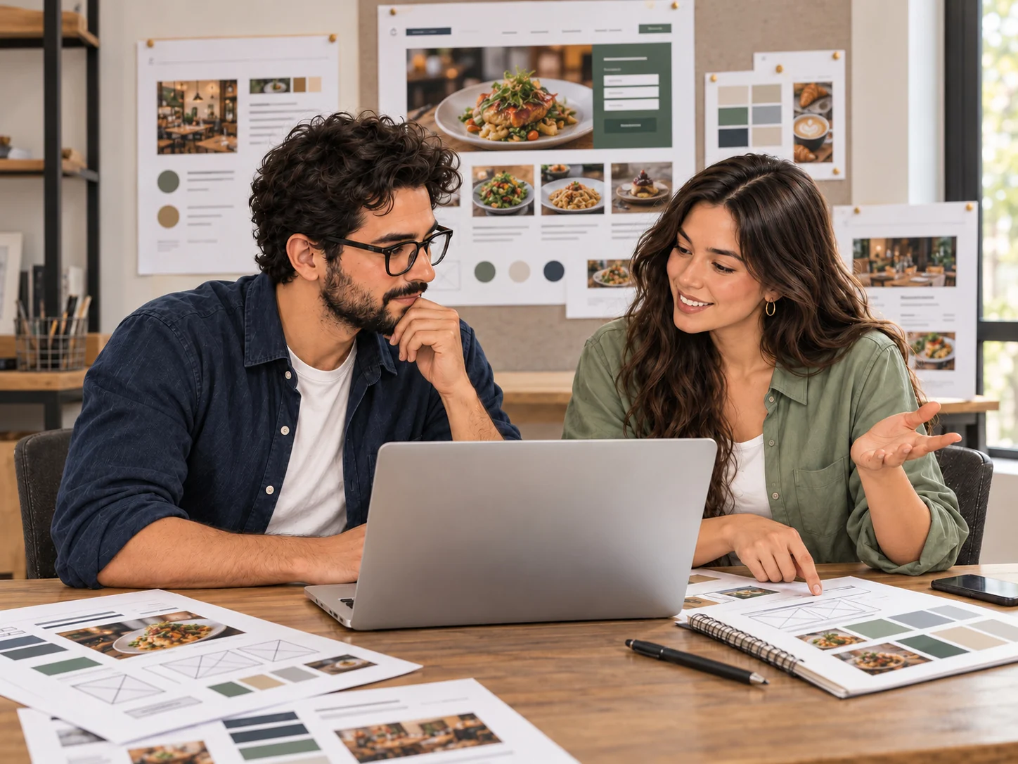 Two people discussing restaurant website layouts and design materials