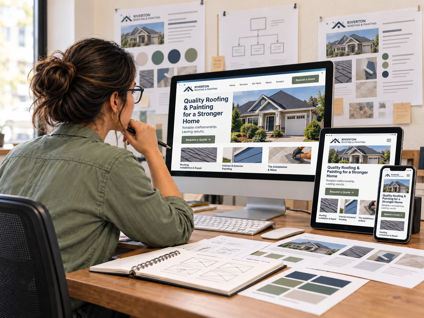 Designer reviewing a roofing and home services website across desktop, tablet, and phone
