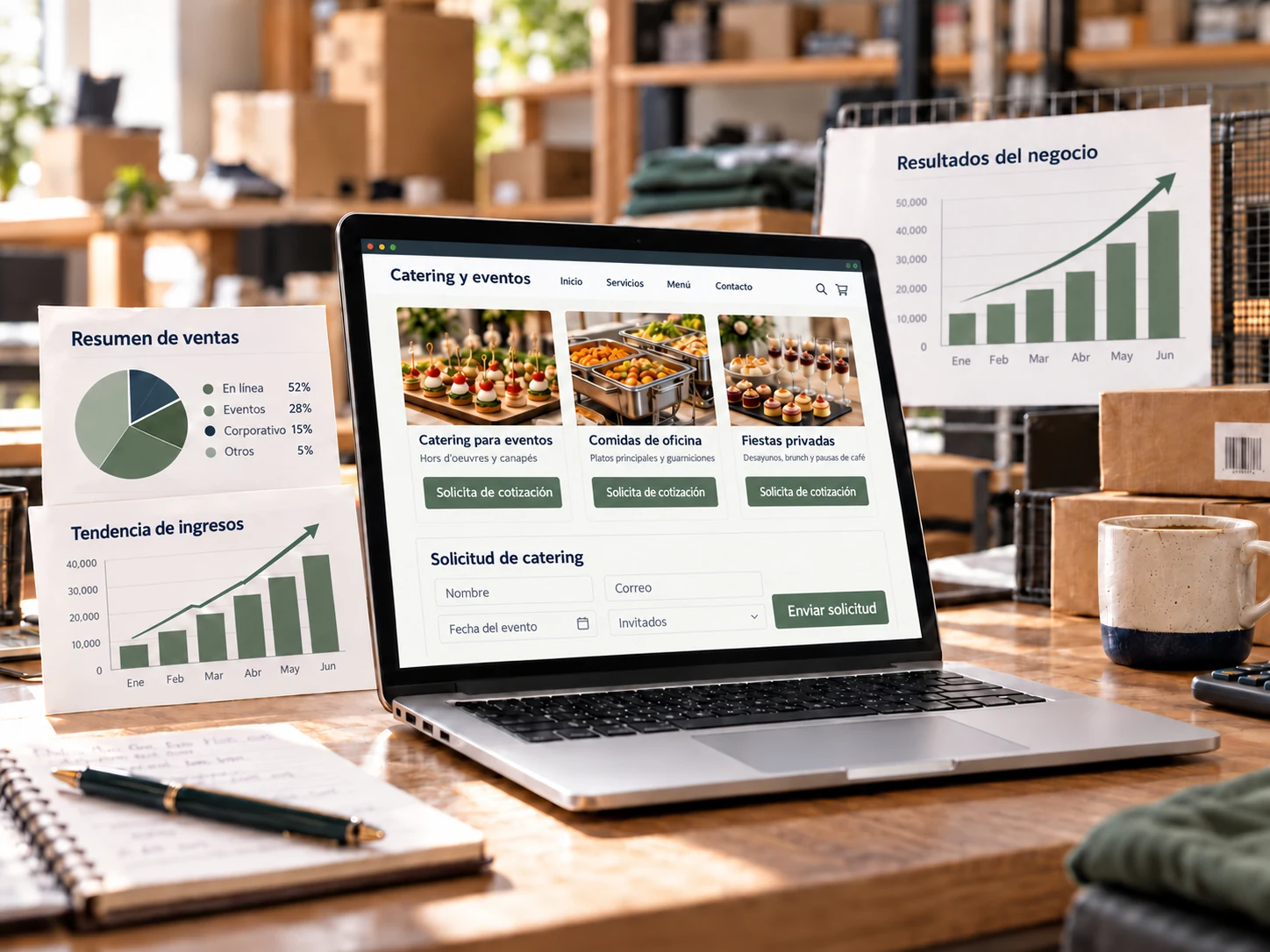 Sitio web de catering con formulario de cotización para eventos e informes de apoyo