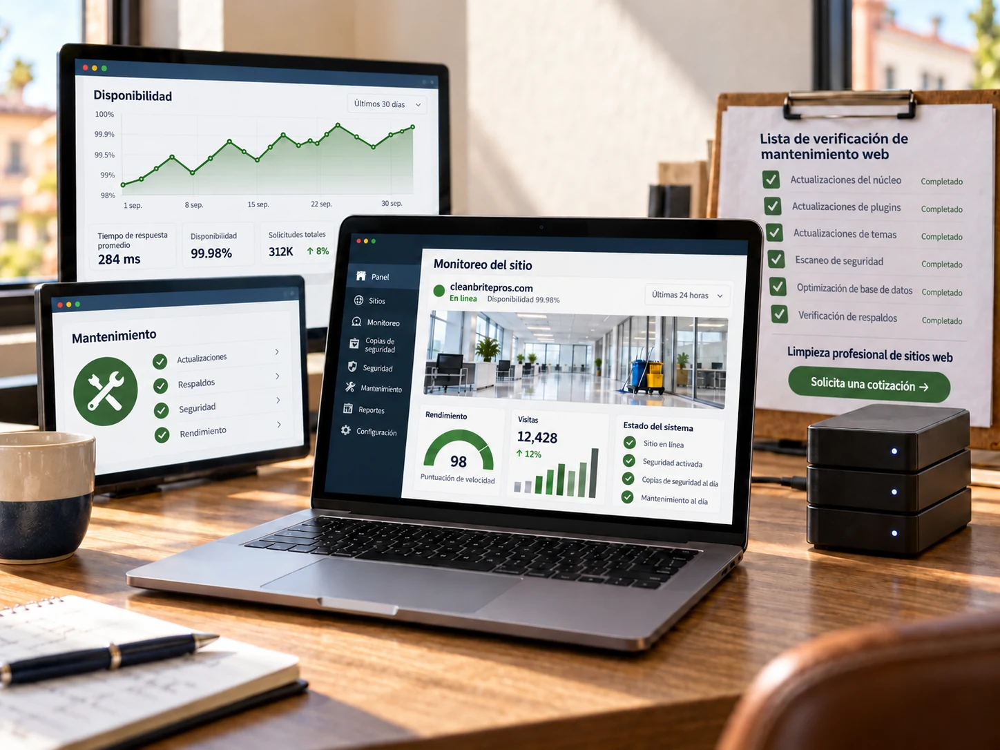 Panel de monitoreo del sitio web con vista previa de un negocio de limpieza