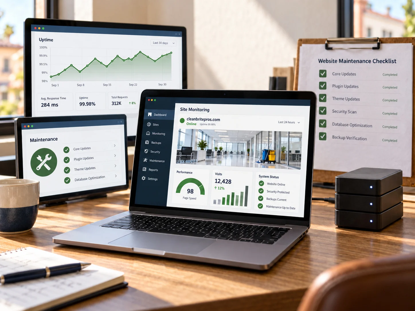 Website monitoring dashboard with a cleaning business website preview