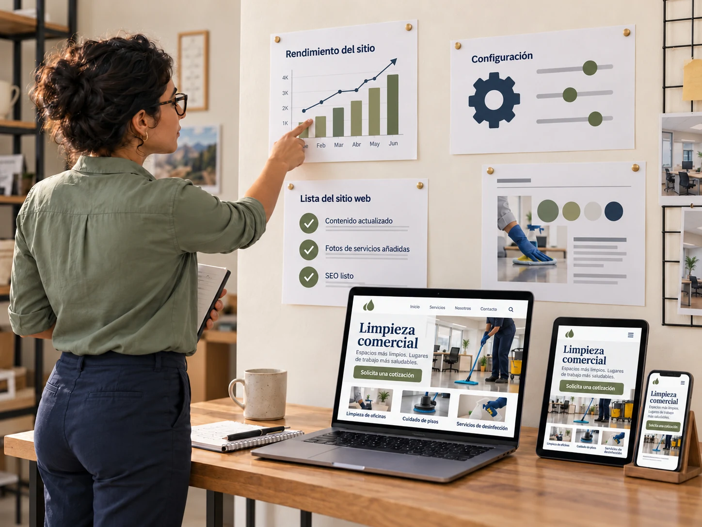 Diseñadora revisando un sitio web de limpieza comercial en distintos dispositivos