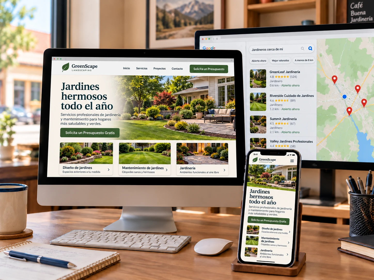Sitio web de jardinería y resultados de búsqueda local mostrados en pantallas
