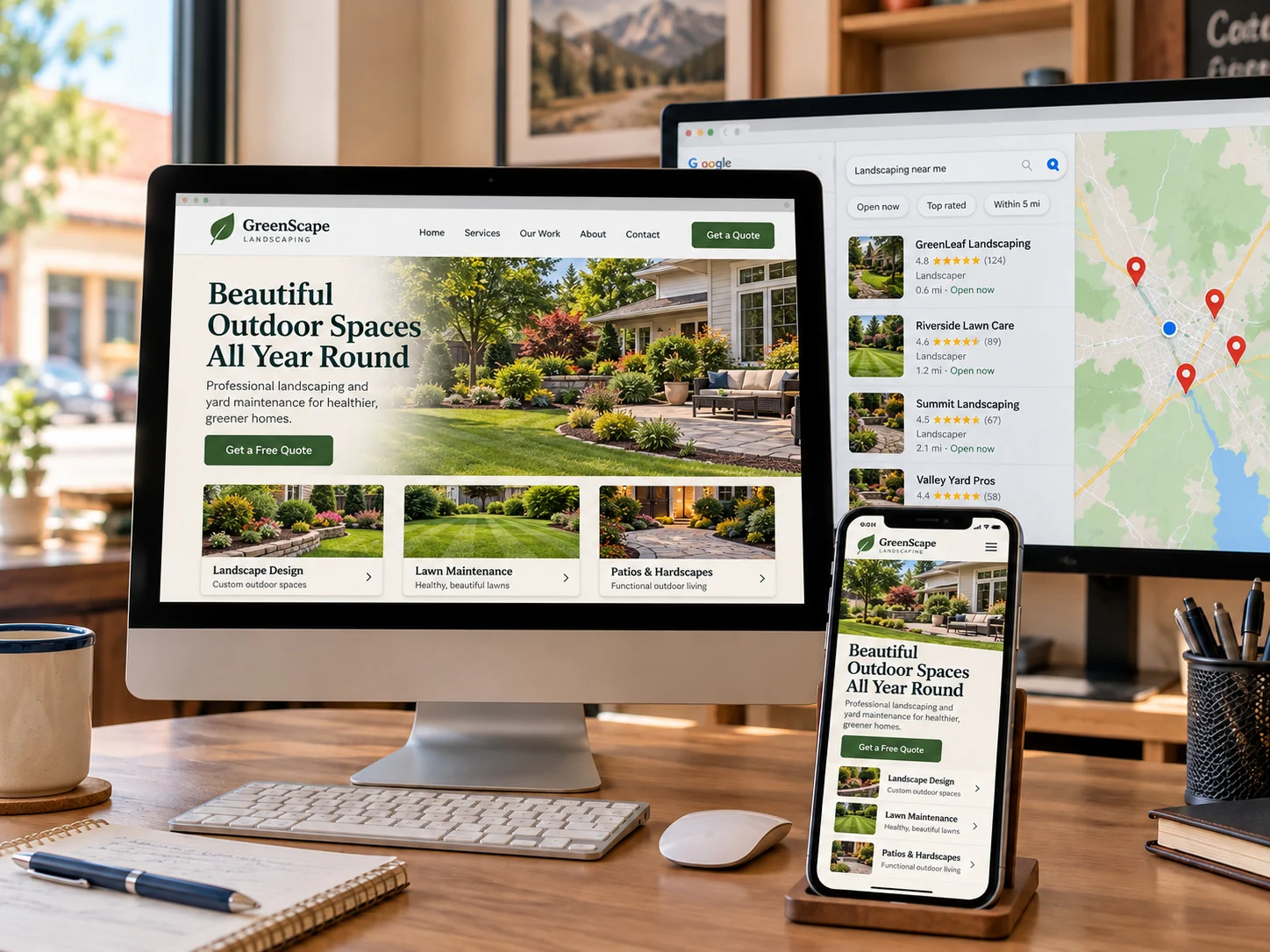 Landscaping website and local search results displayed on screens