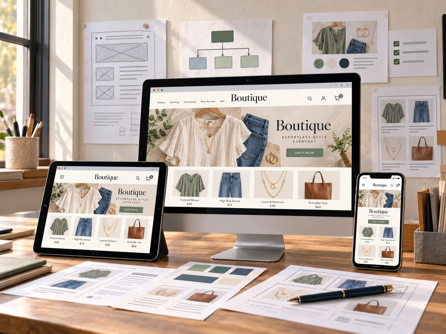 Boutique storefront adapting across desktop, tablet, and phone